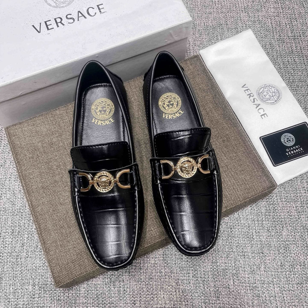Versace Black Gold Hardware Loafers — hero