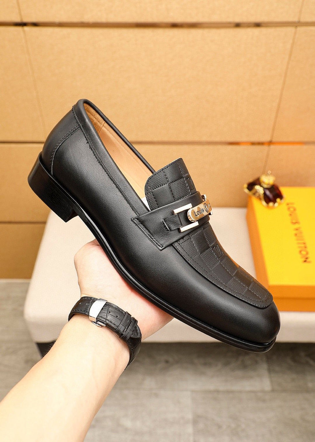 Louis Vuitton Black Embossed Loafers — model