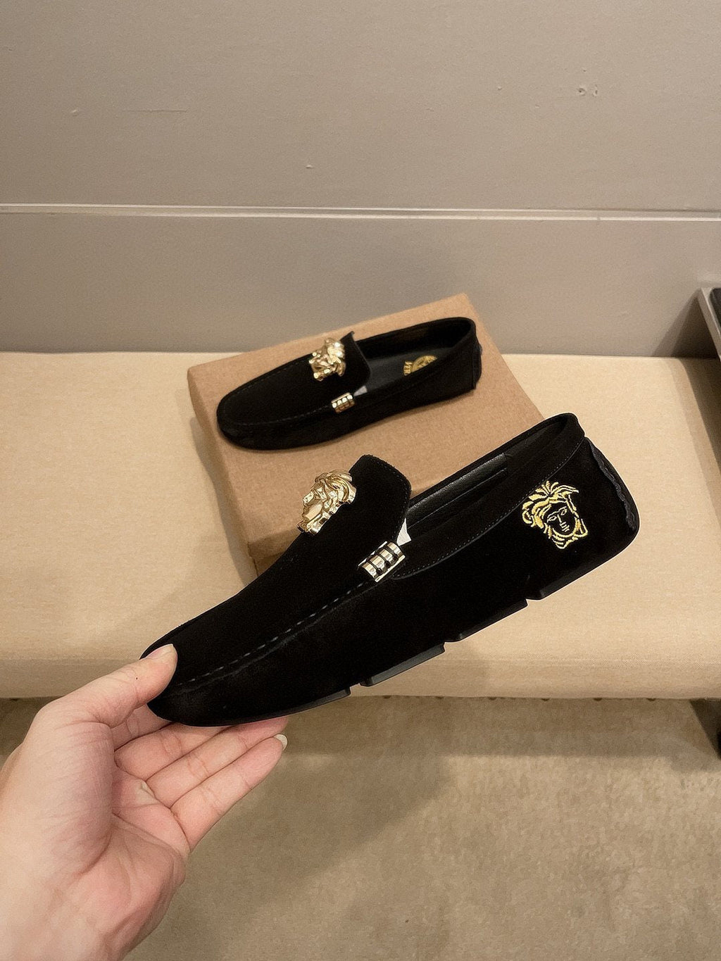 Versace Black Gold Hardware Loafers — side