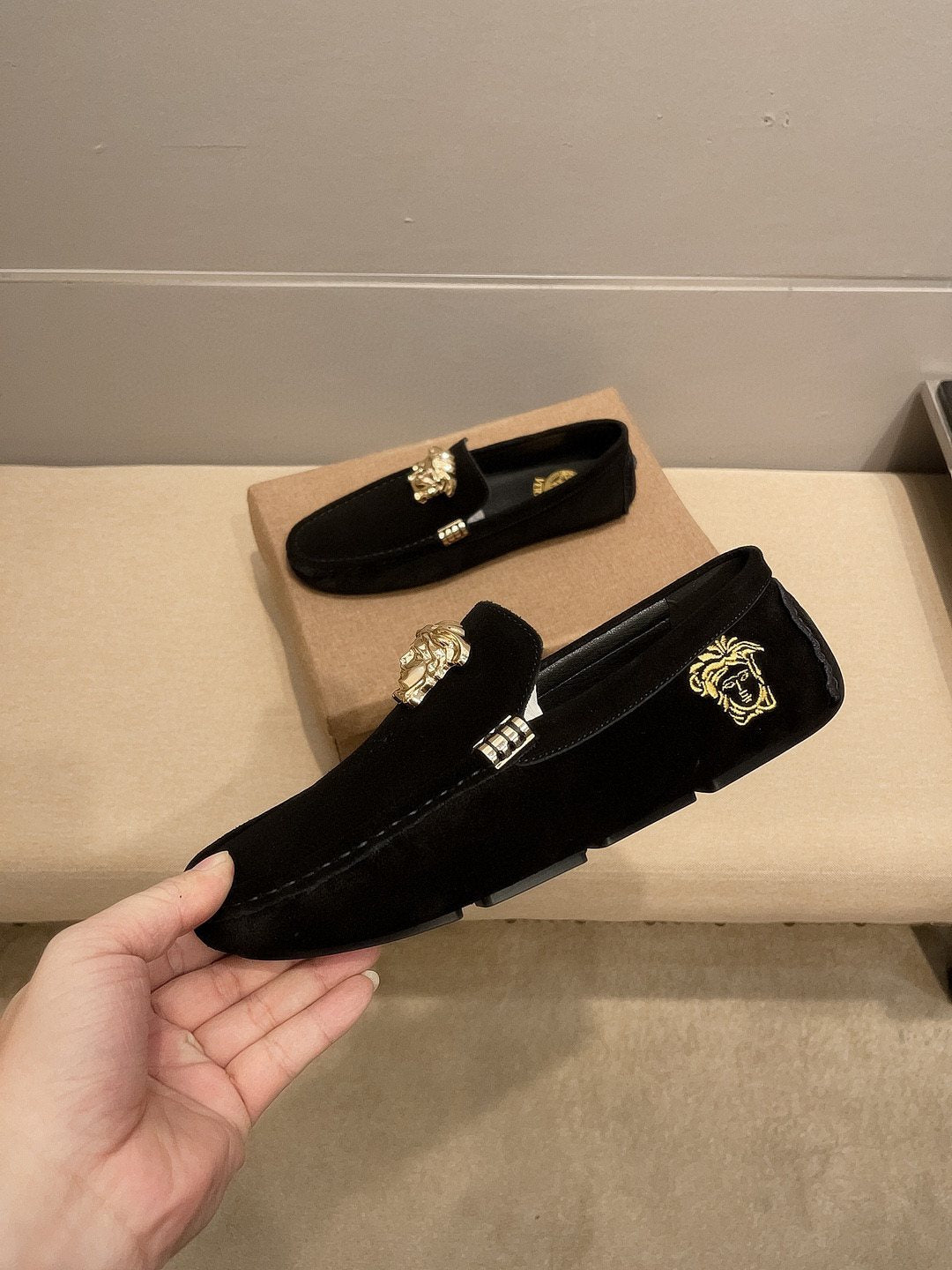 Versace Black Gold Hardware Loafers — side