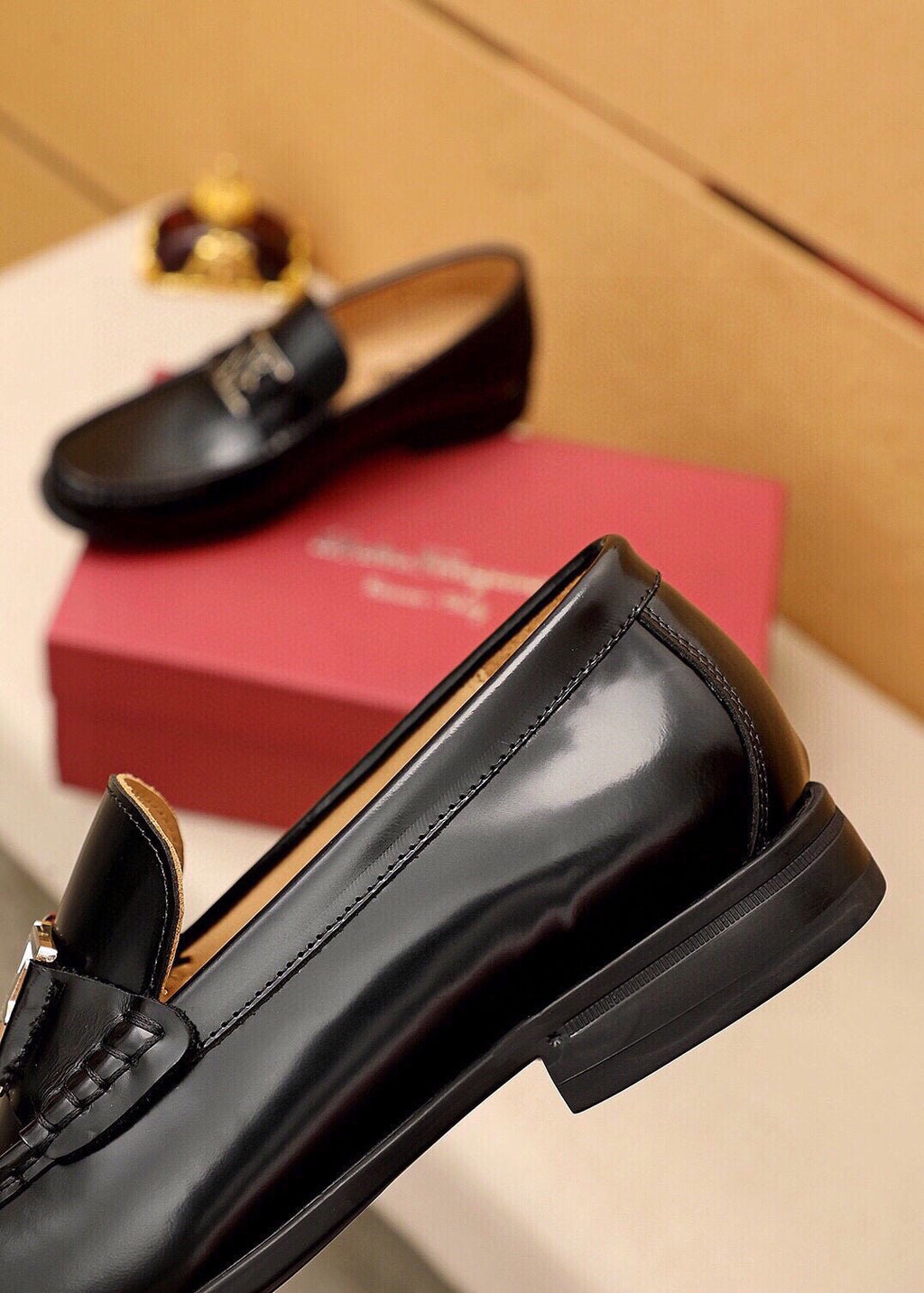 Ferragamo Black Leather Hardware Loafers — side