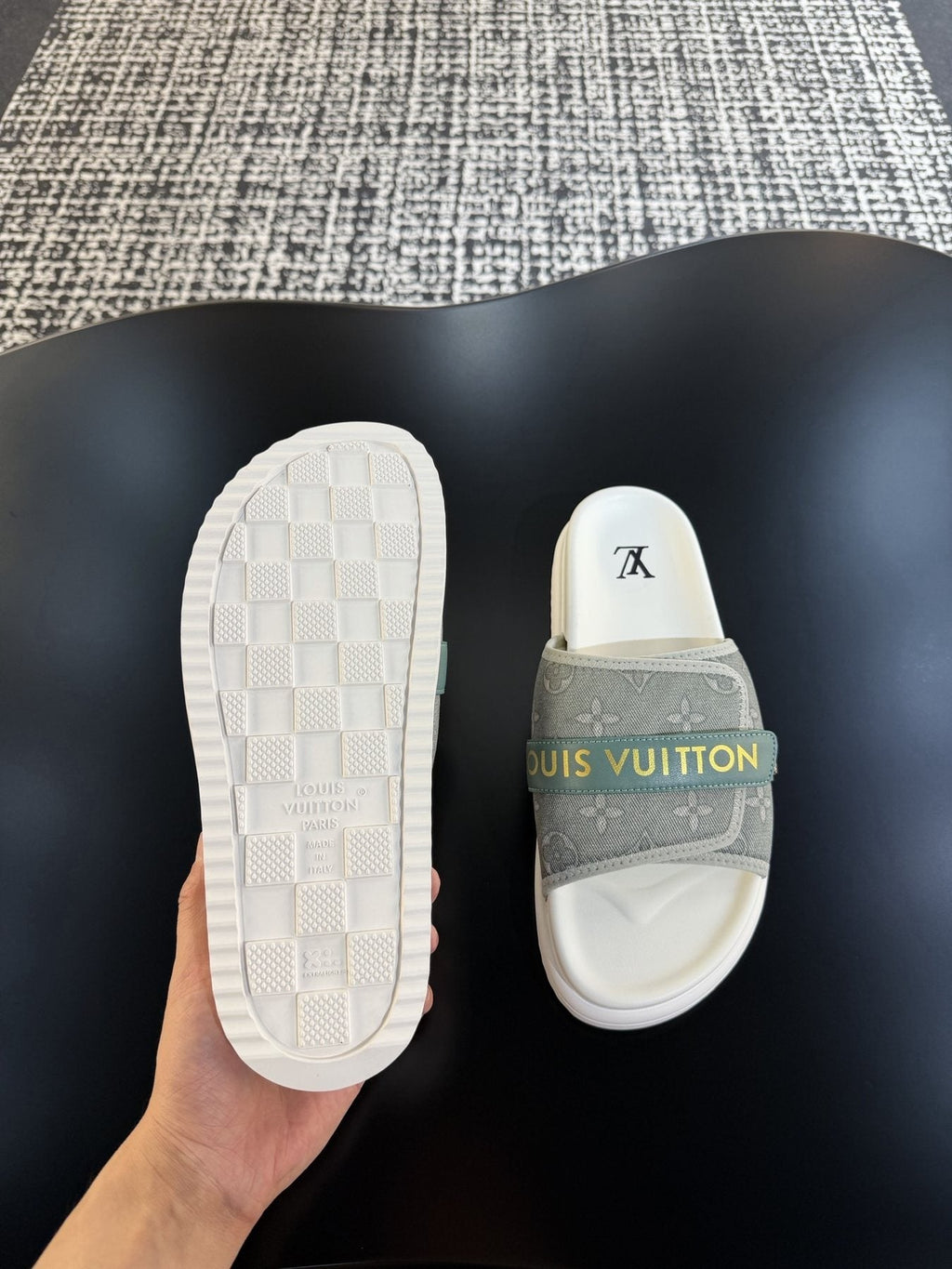 Louis Vuitton Gray Logo Slide Sandals — side