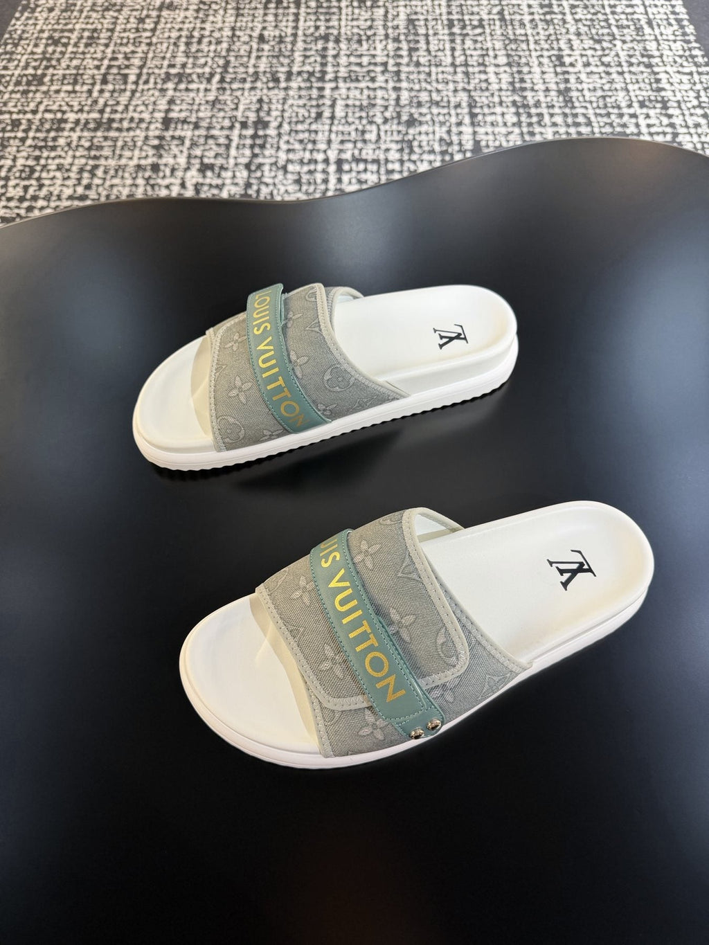 Louis Vuitton Gray Logo Slide Sandals — front