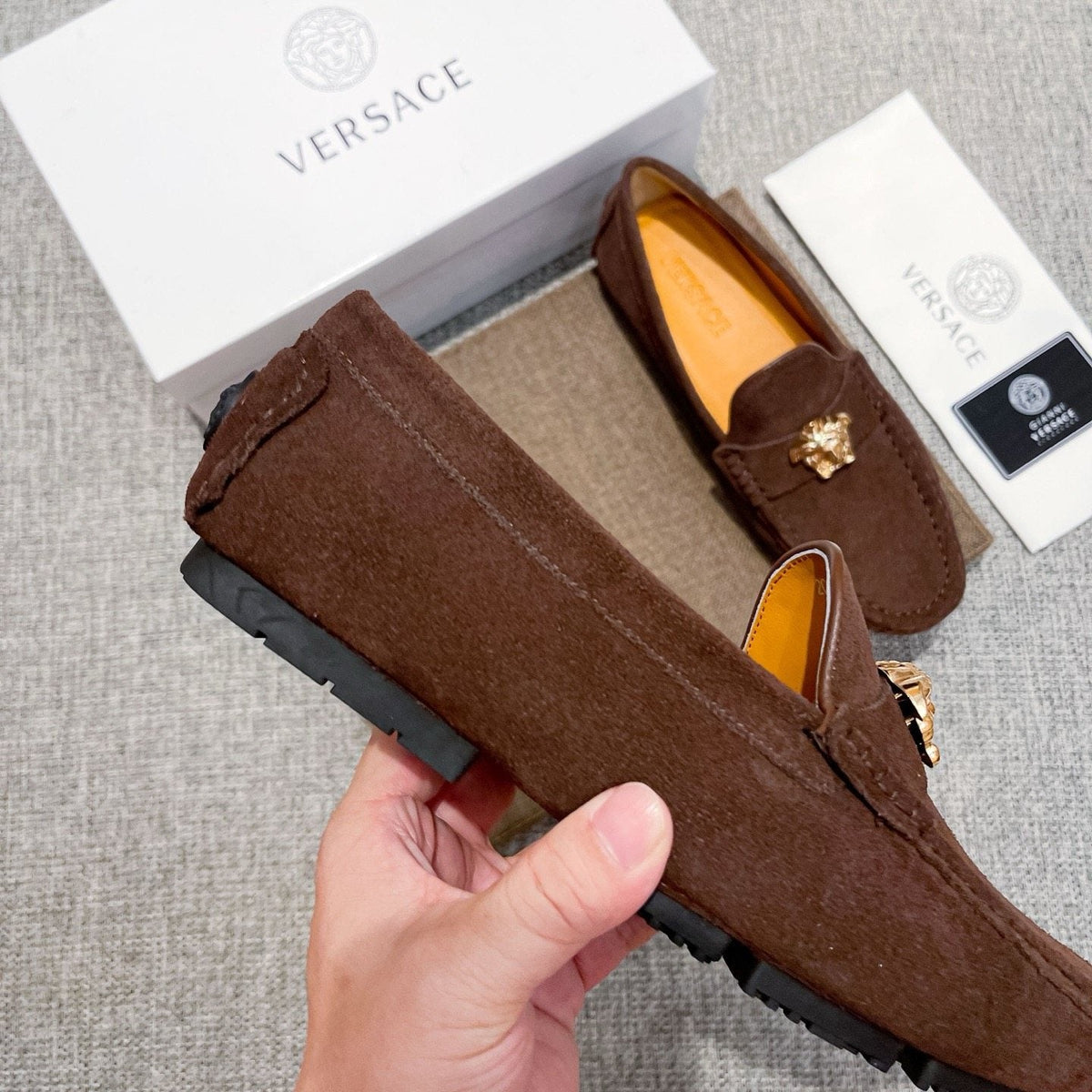 Versace Brown Suede-Texture Loafers — model