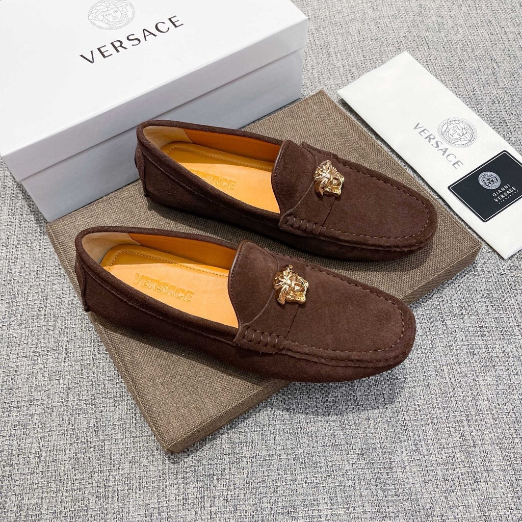 Versace Brown Suede-Texture Loafers — front