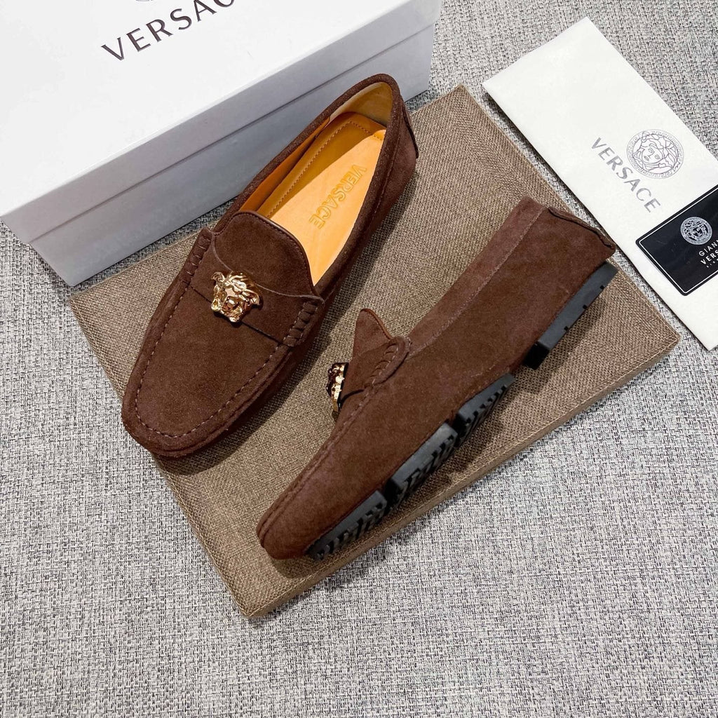 Versace Brown Suede-Texture Loafers — side