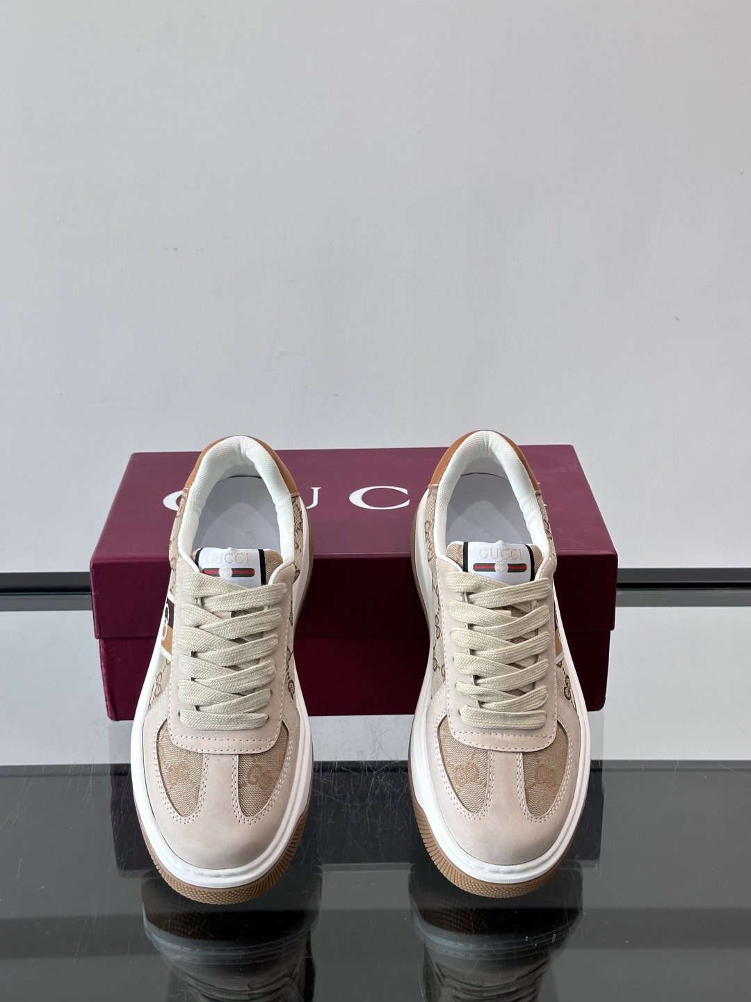 Gucci Beige Patterned Panel Sneakers — front