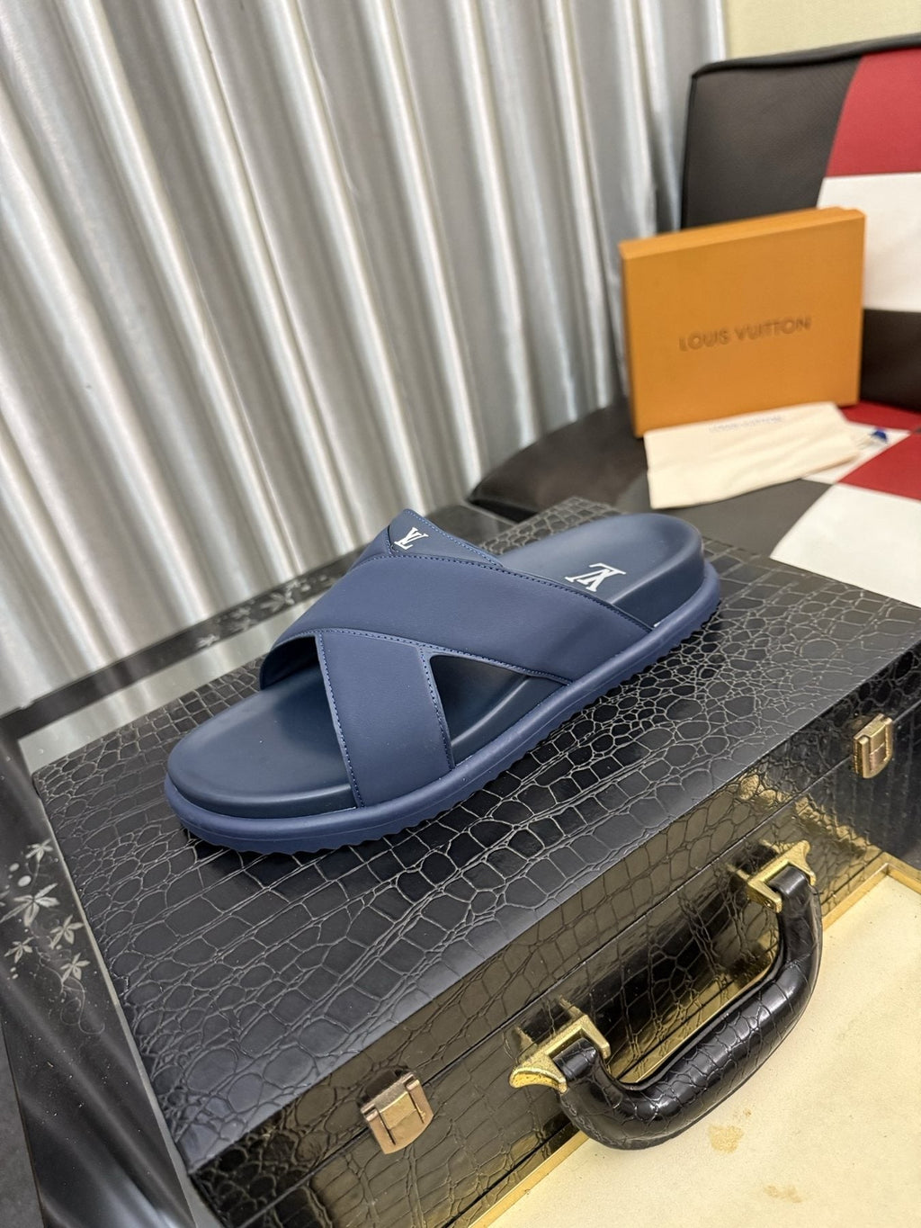 Louis Vuitton Black Crossover Slide Sandals — front