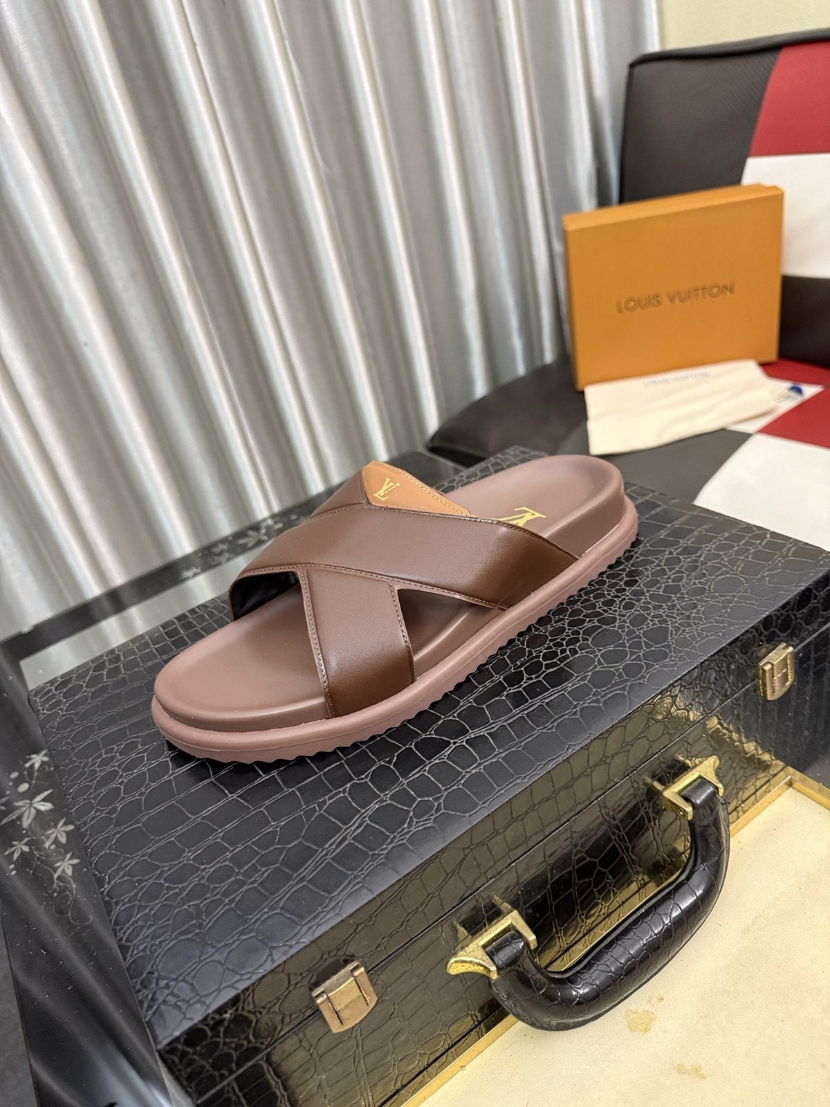 Louis Vuitton Black Crossover Slide Sandals — front