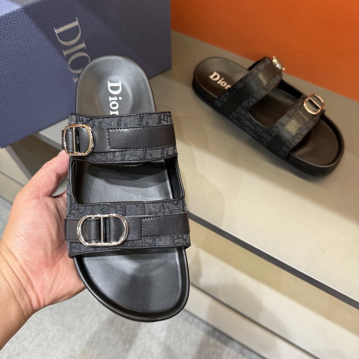 Dior Patterned Buckle Slide Sandals — model