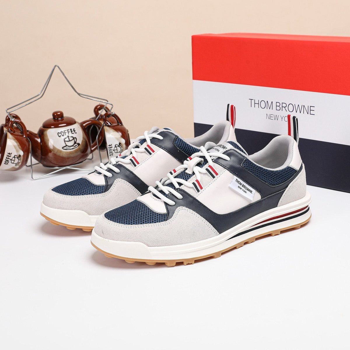 Thom Browne White Navy Panel Low-Top Sneakers — hero