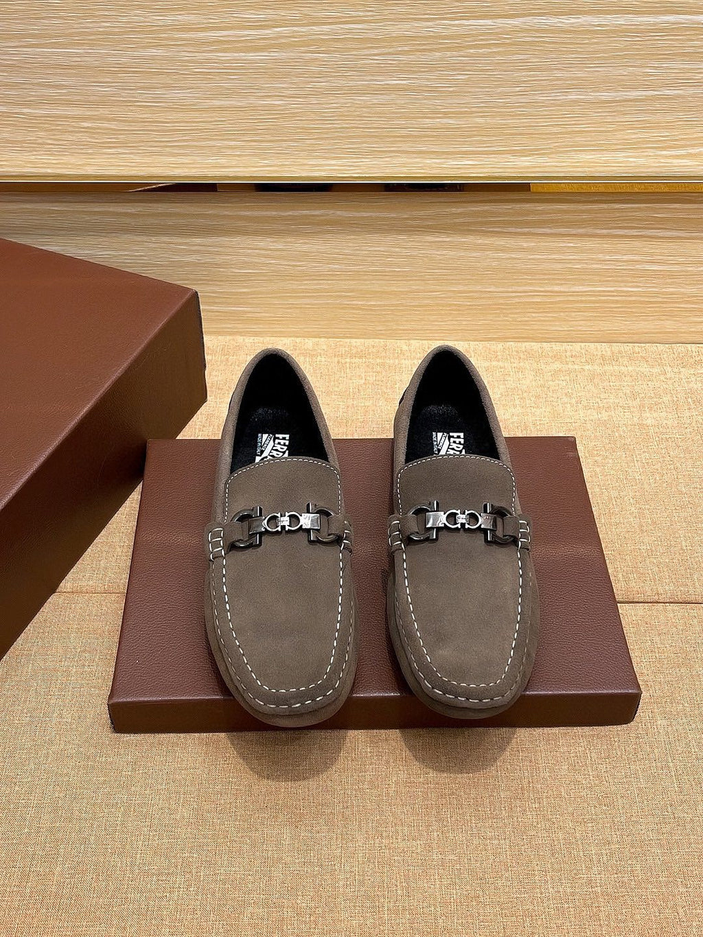 Ferragamo Taupe Bit Loafers — front