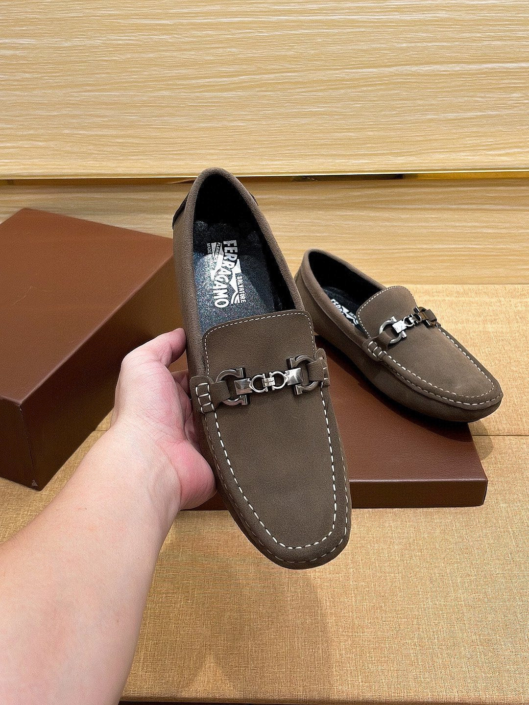 Ferragamo Taupe Bit Loafers — model