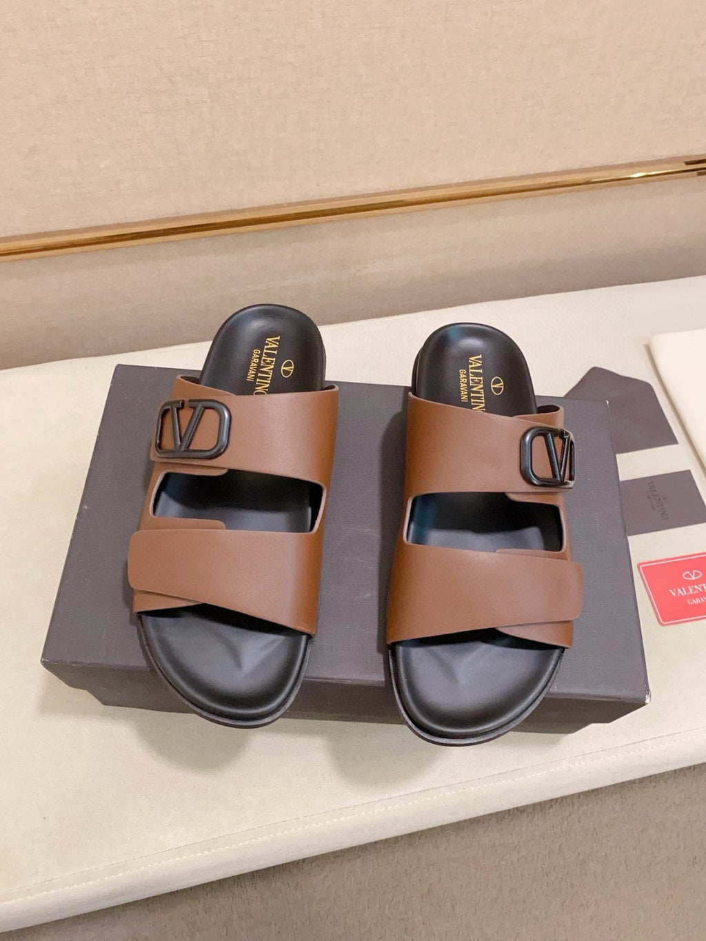 Valentino Two-Strap Buckle Slide Sandals — label