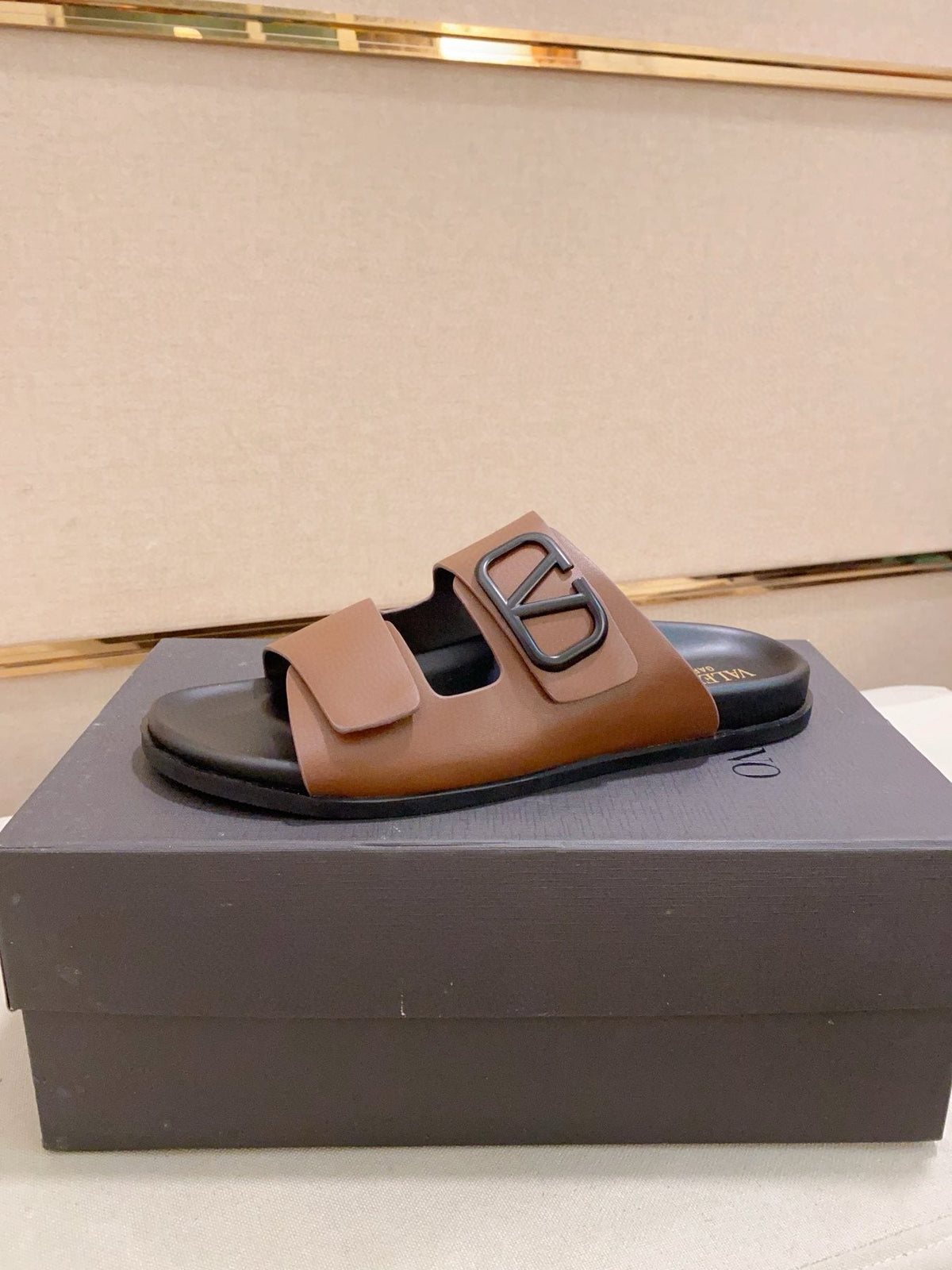 Valentino Two-Strap Buckle Slide Sandals — model