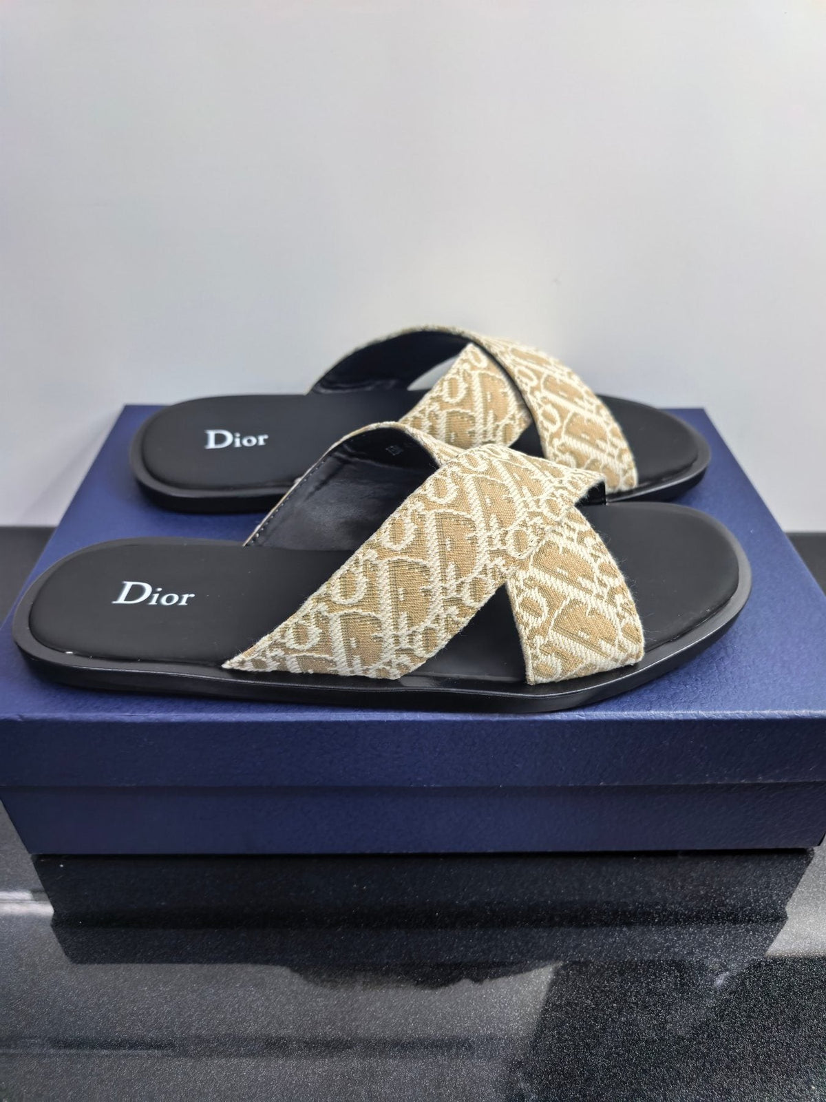Dior Beige Pattern Crossover Slide Sandals — front