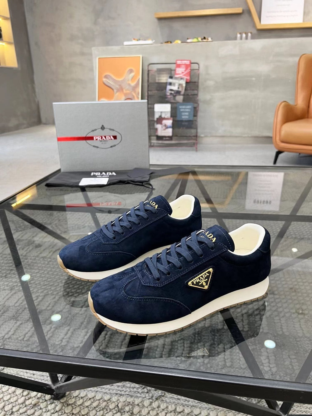 Prada Navy Triangle Badge Sneakers — hero