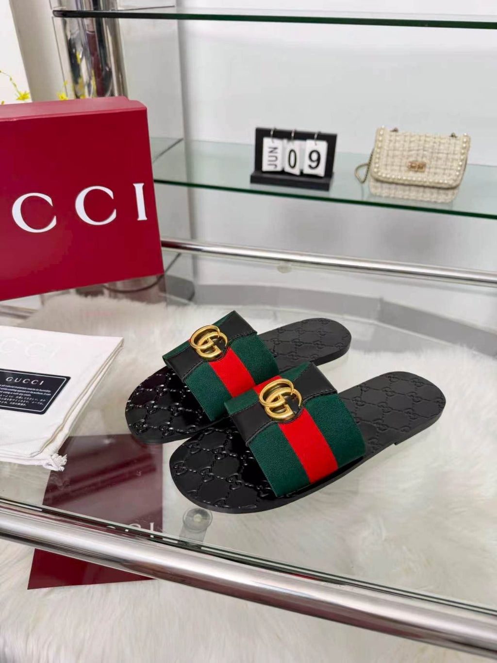 Gucci Black Striped Strap Slide Sandals — front