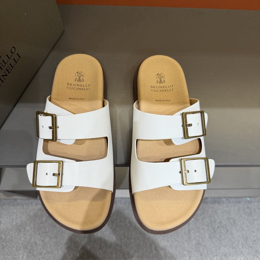 Brunello Cucinelli Double-Buckle Slide Sandals — front