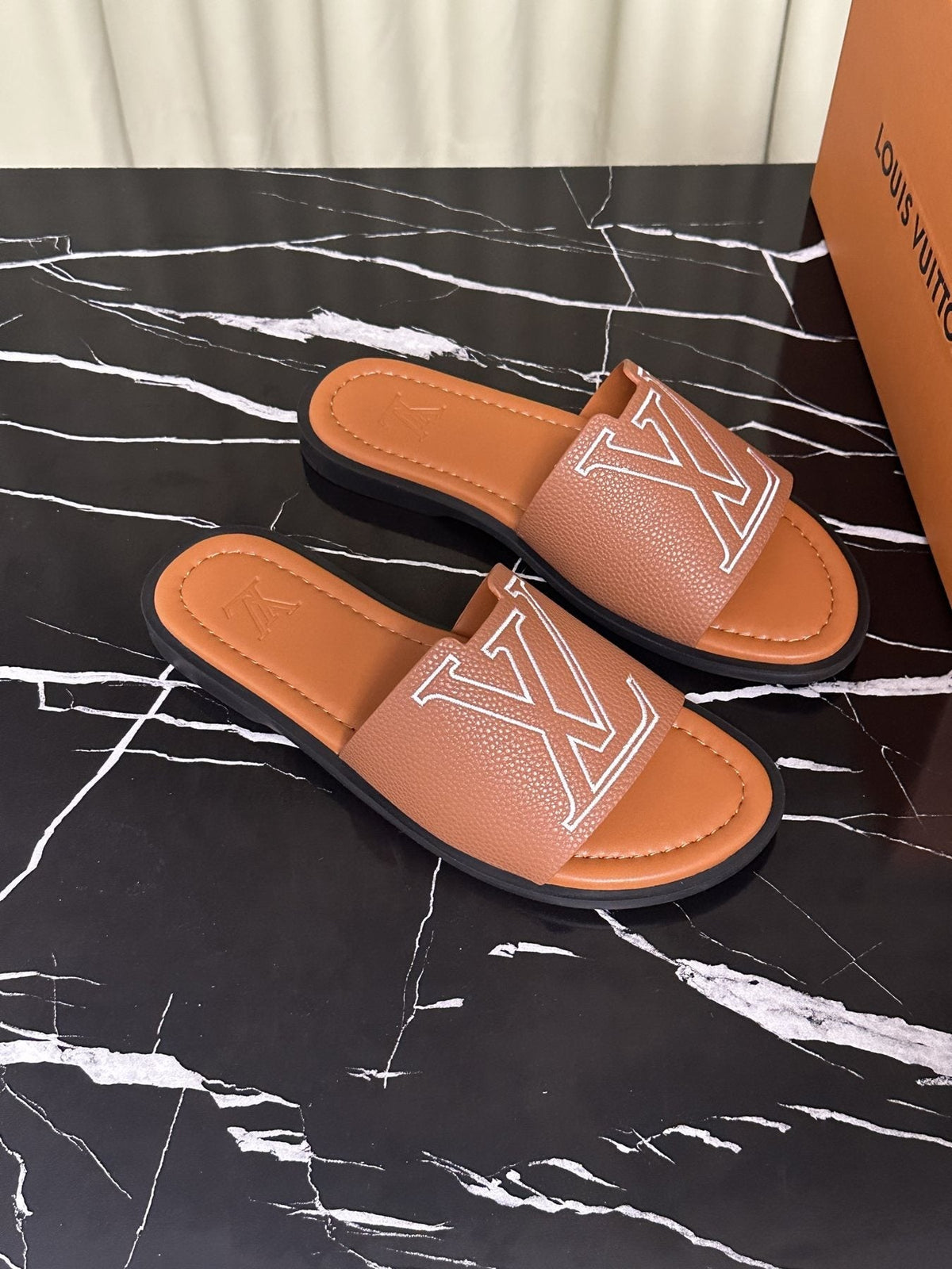 Louis Vuitton Logo Strap Slide Sandals — front