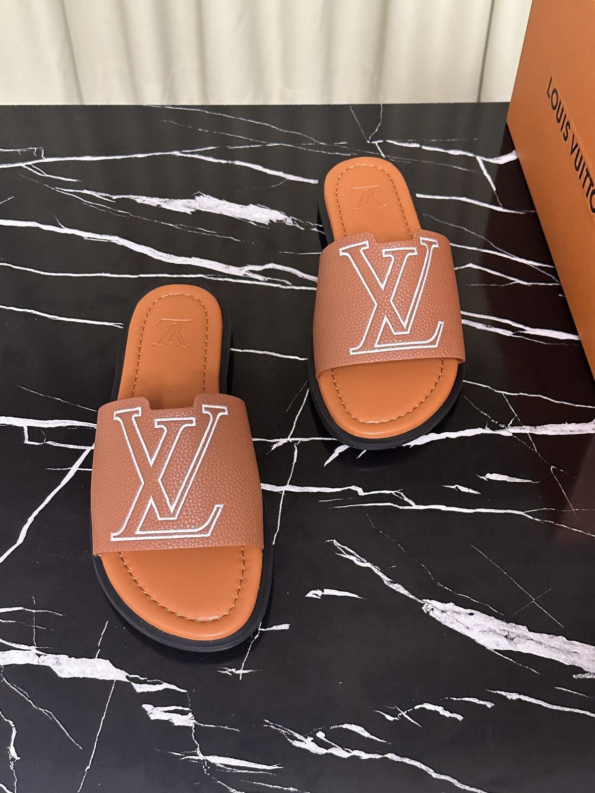 Louis Vuitton Logo Strap Slide Sandals — front