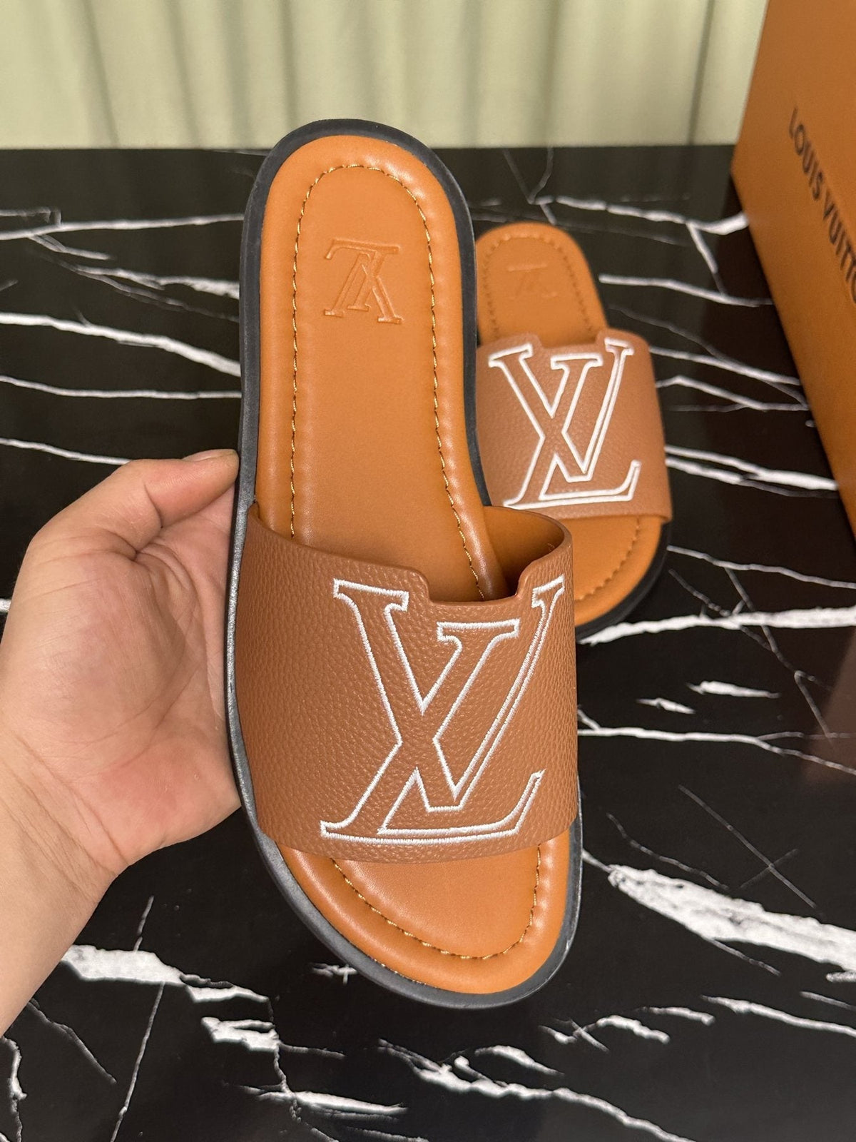 Louis Vuitton Logo Strap Slide Sandals — front