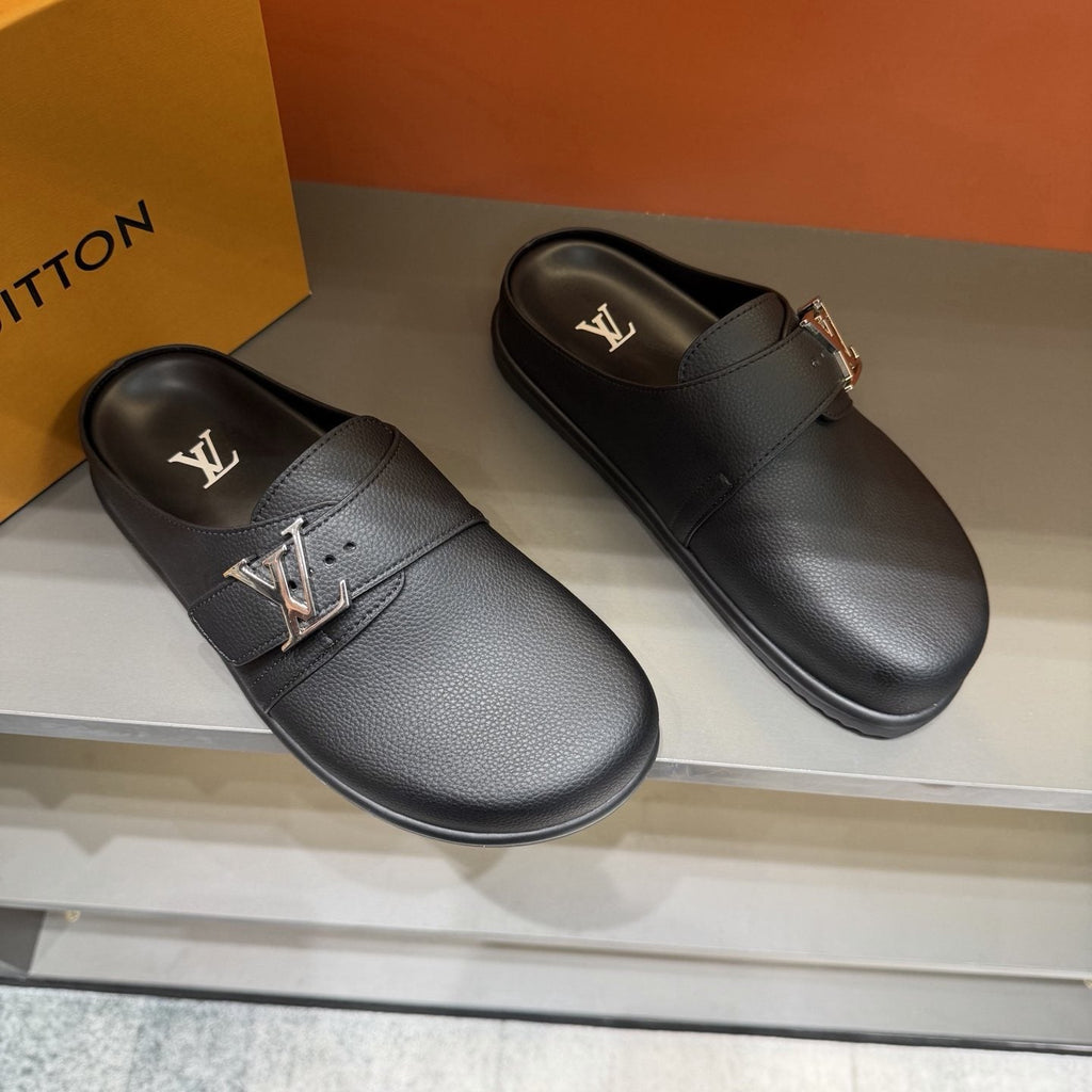 Louis Vuitton Textured Buckle Slide Sandals — front