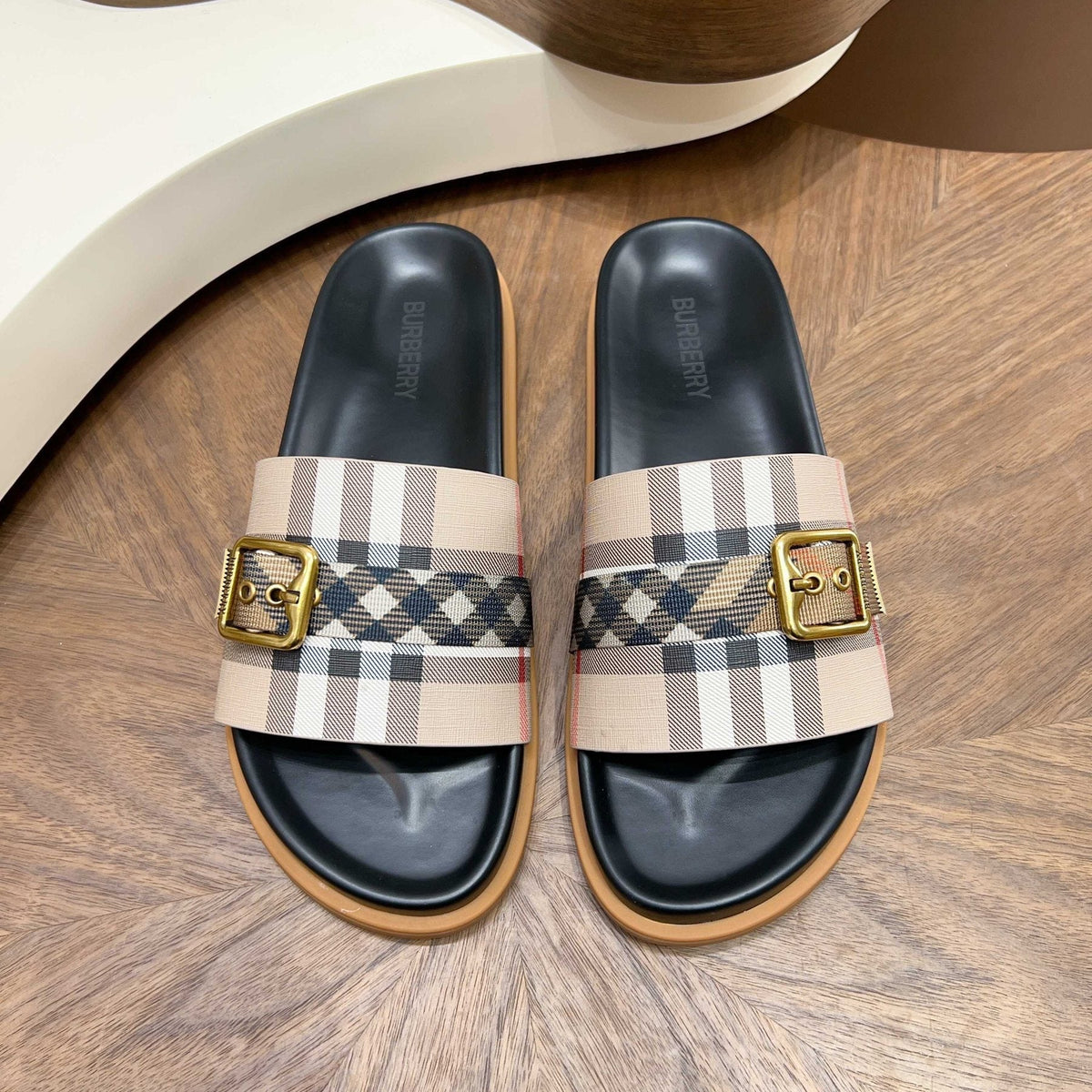 Burberry Check Buckle Slide Sandals — front