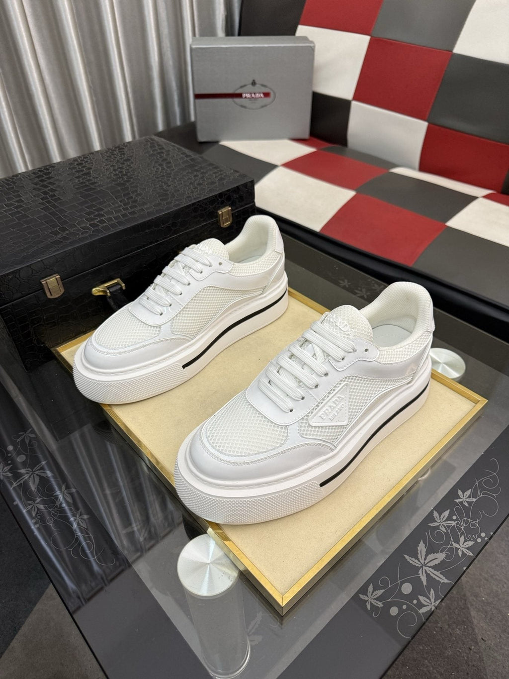 Prada White and Light Gray Low-Top Sneakers — front