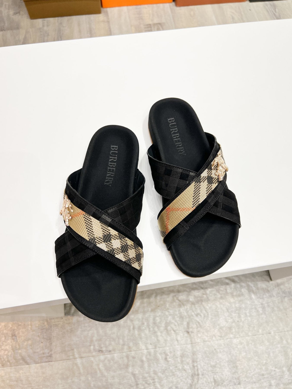 Burberry Check Cross-Strap Slide Sandals — front