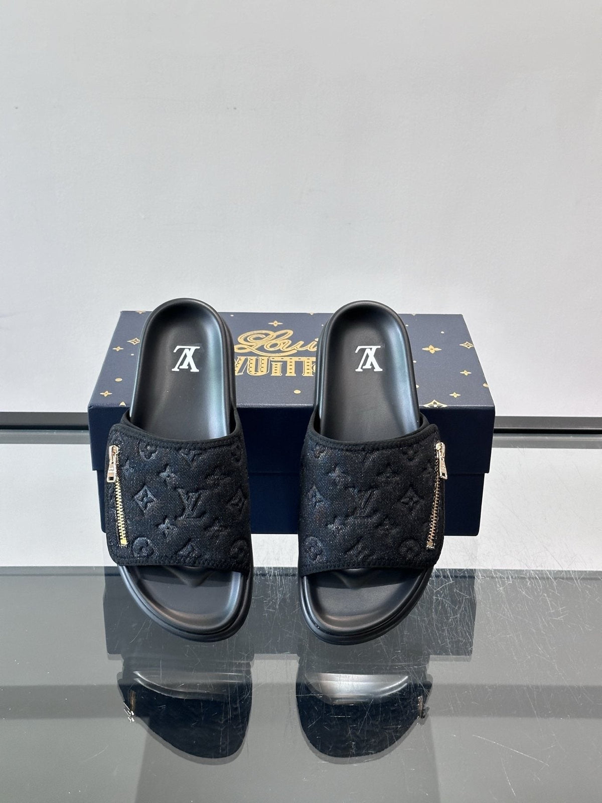 Louis Vuitton Embossed Monogram Slide Sandals — front