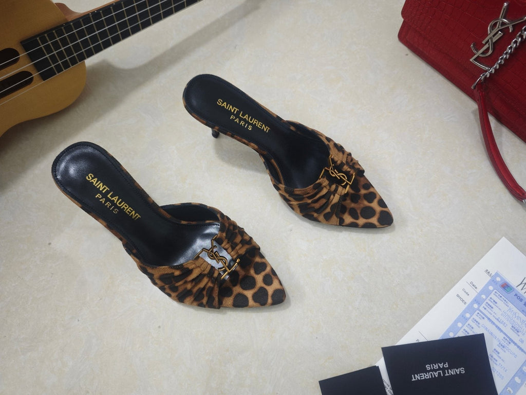 Saint Laurent Ruched Logo Mule Heels — front