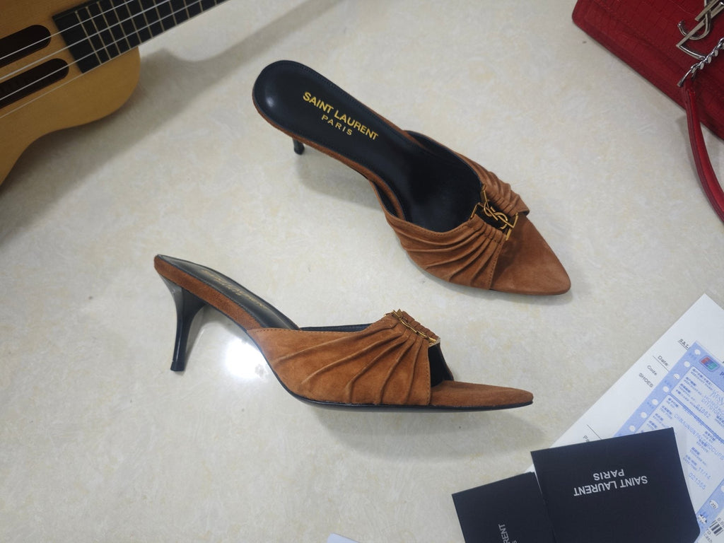 Saint Laurent Ruched Logo Mule Heels — side