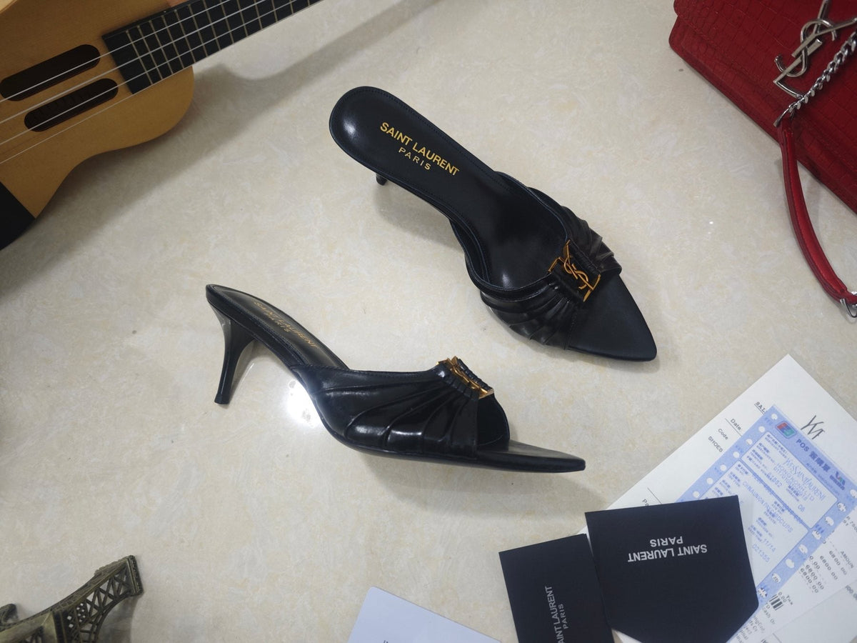 Saint Laurent Ruched Logo Mule Heels — side