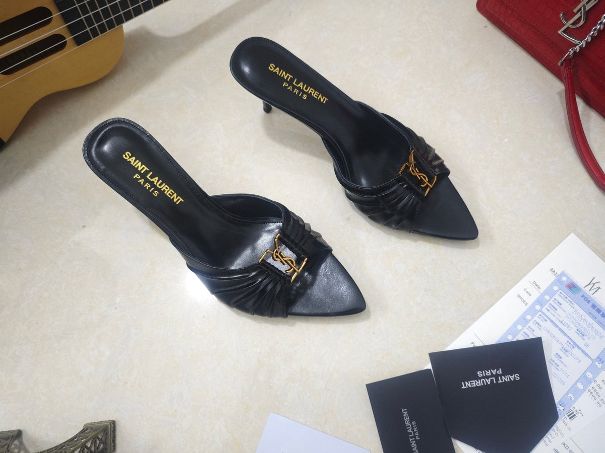 Saint Laurent Ruched Logo Mule Heels — front