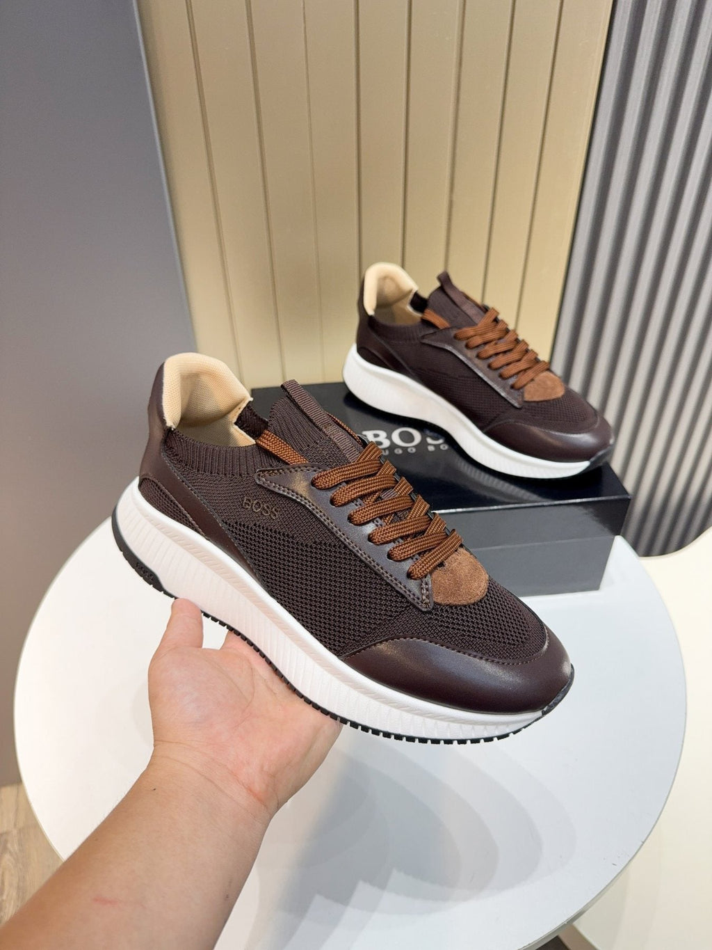 BOSS Knit Lace-Up Sneakers — model