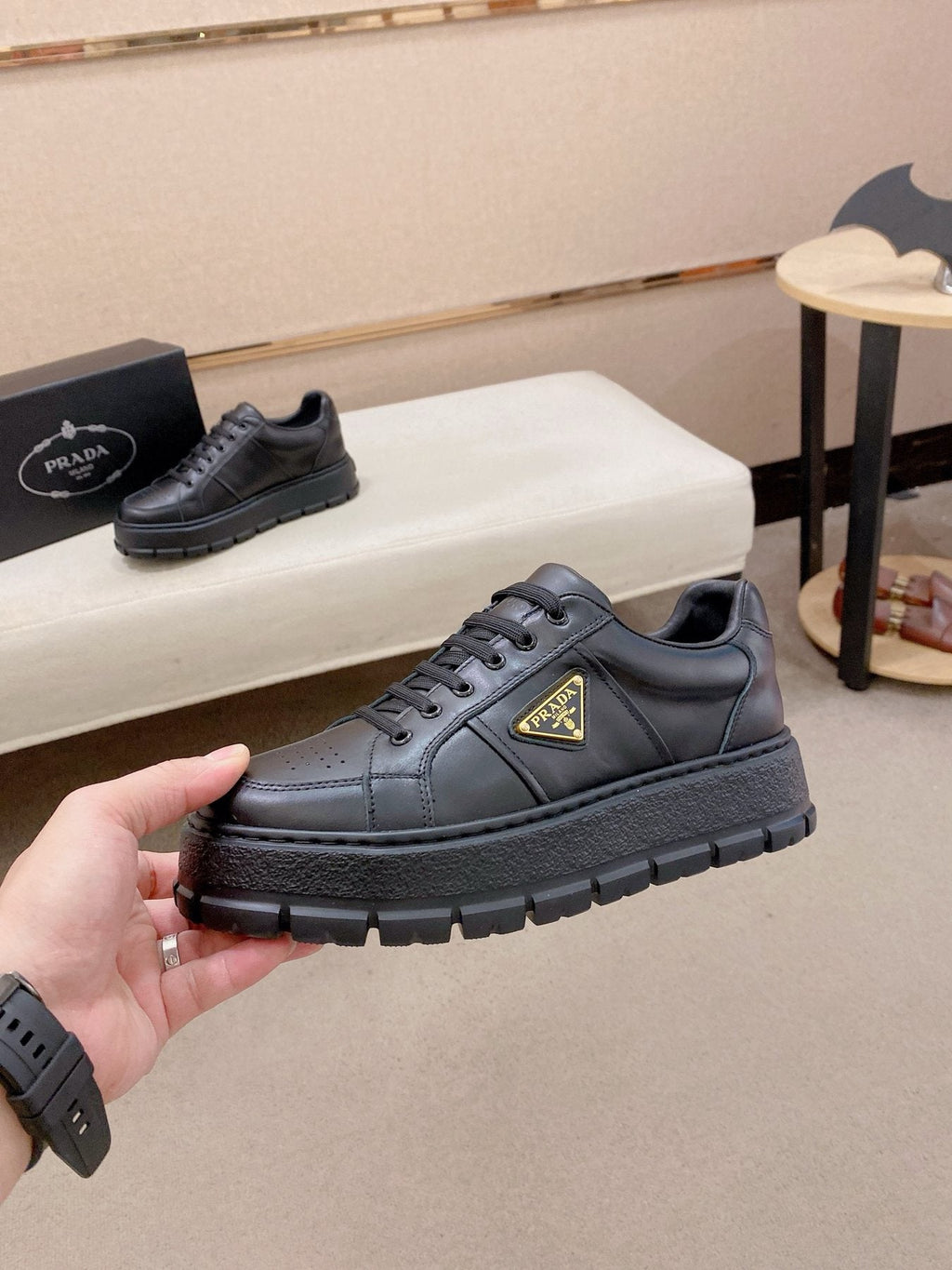 Prada Triangle Plaque Low-Top Sneakers — side