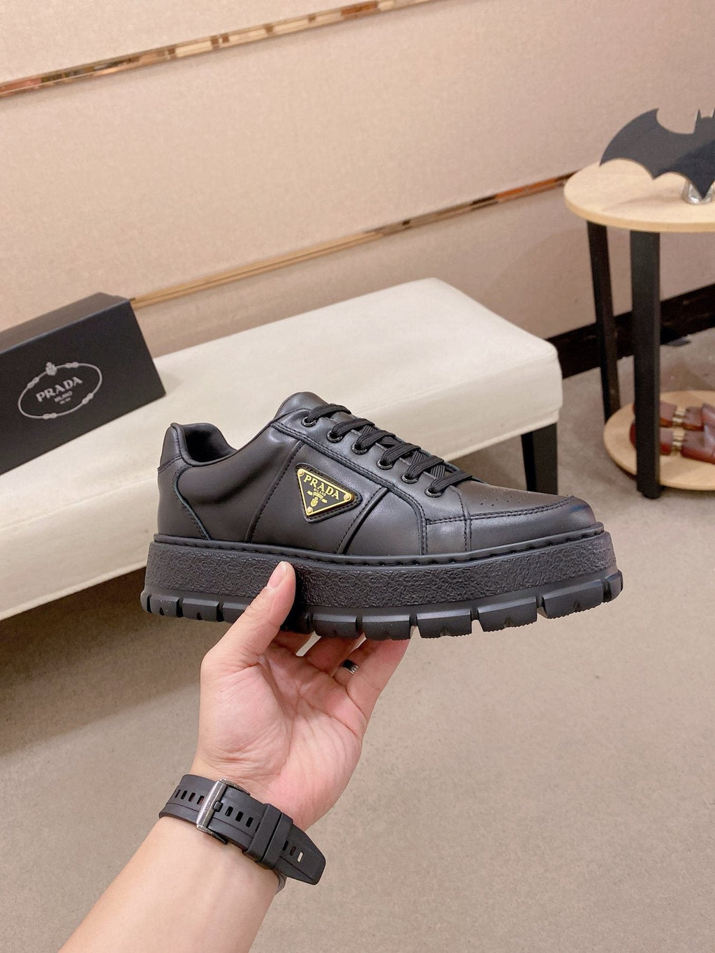 Prada Triangle Plaque Low-Top Sneakers — side