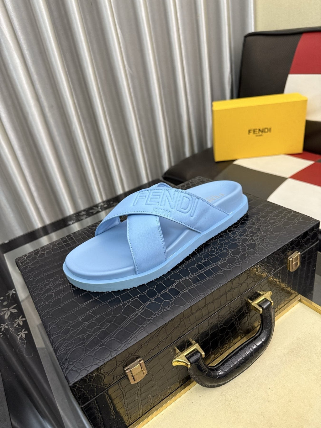 Fendi Embossed Cross-Strap Slide Sandals — front