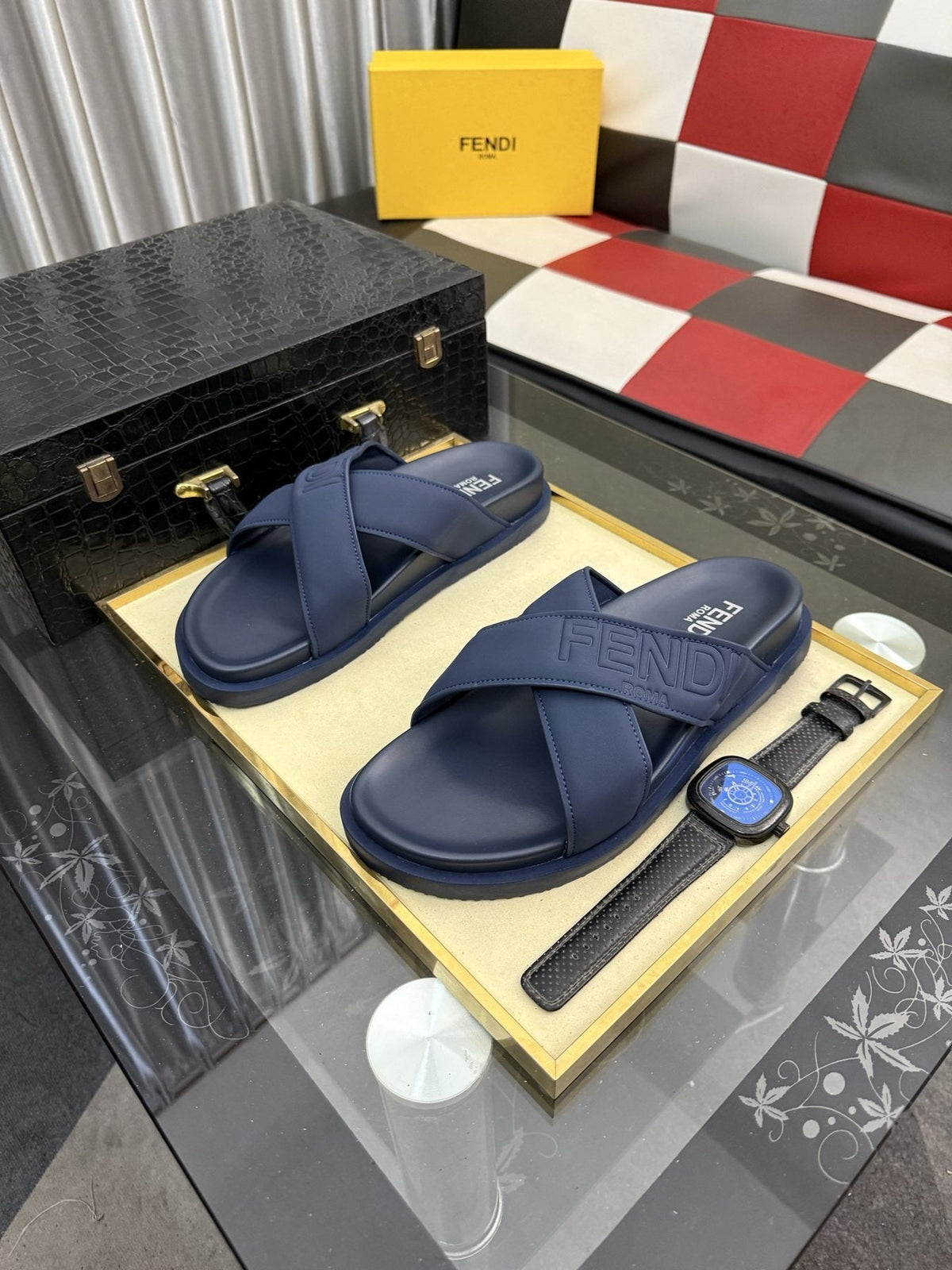 Fendi Embossed Cross-Strap Slide Sandals — front
