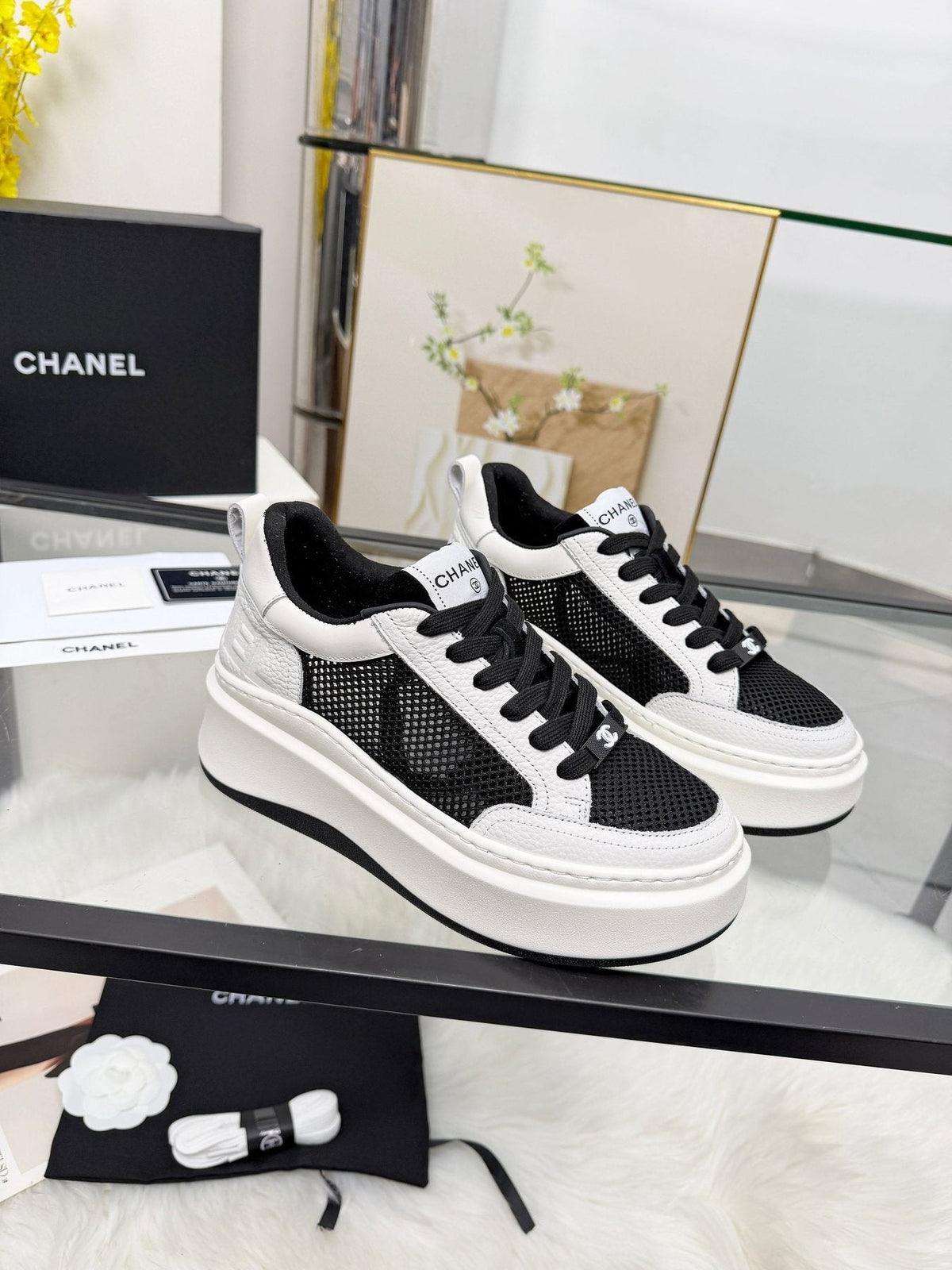 CHANEL White Platform Low-Top Sneakers — front