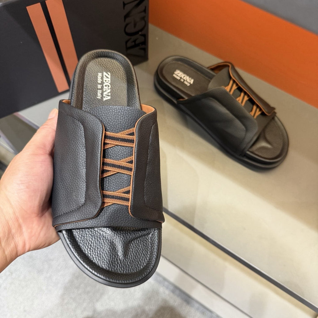 Zegna Lattice Strap Slide Sandals — model