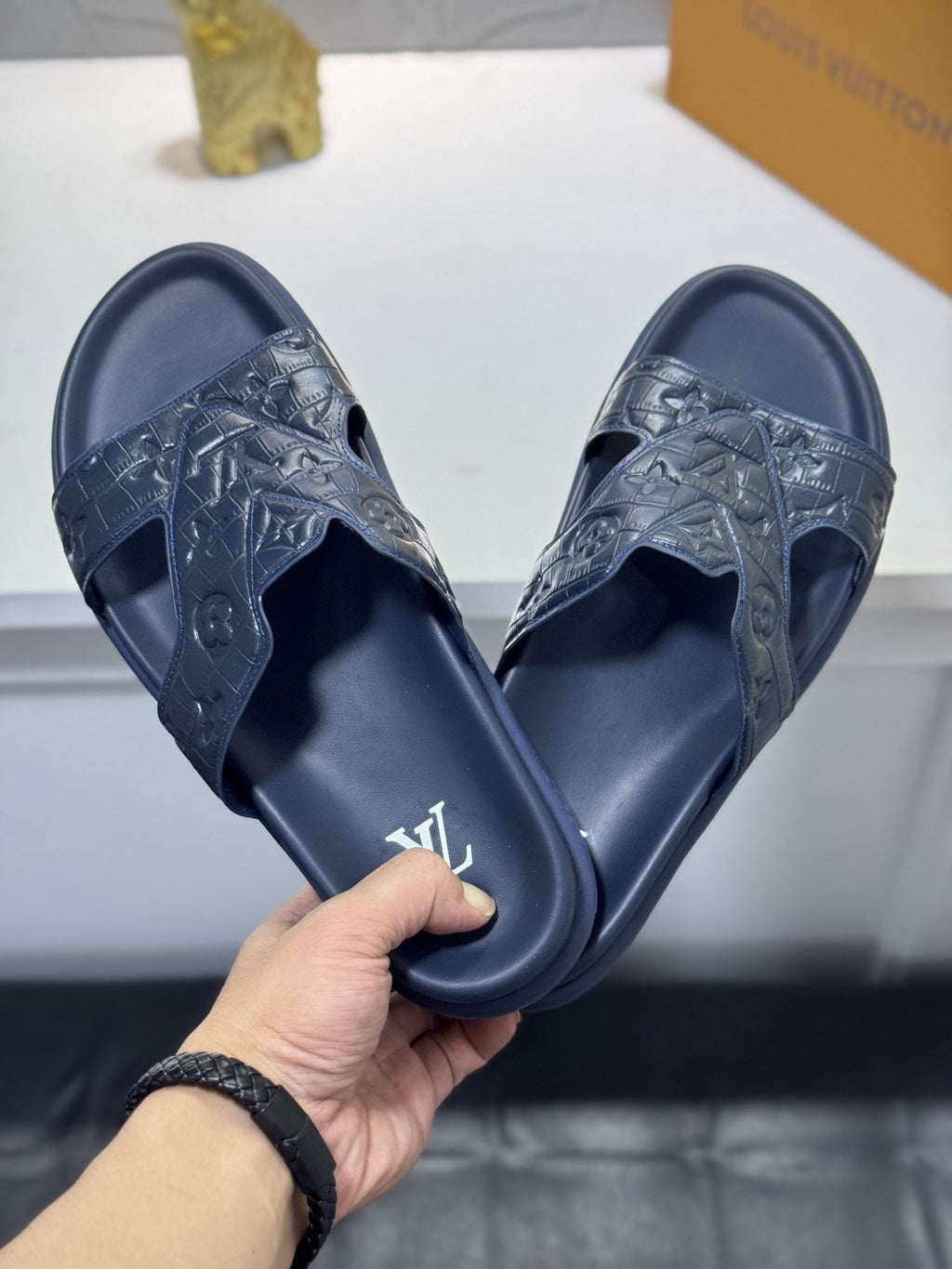 Louis Vuitton Embossed Strap Slide Sandals — front