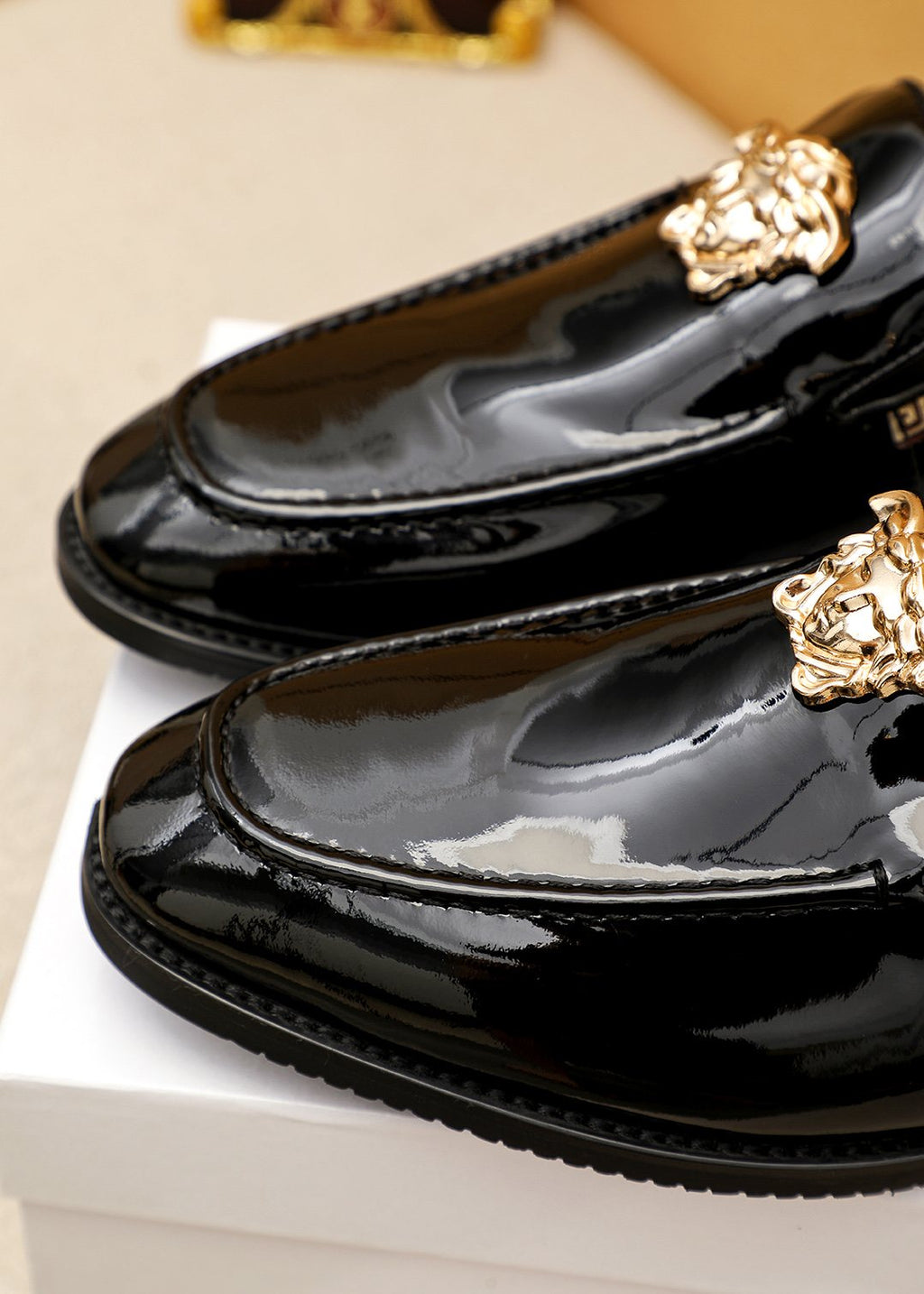 Versace Black Glossy Hardware Loafers — detail