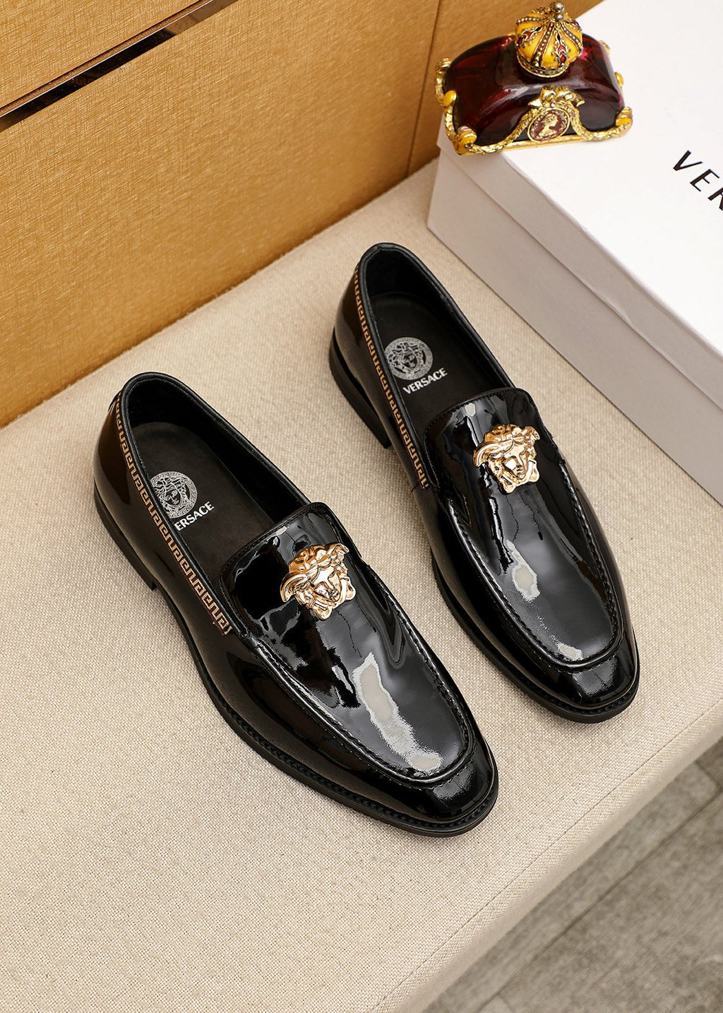 Versace Black Glossy Hardware Loafers — front