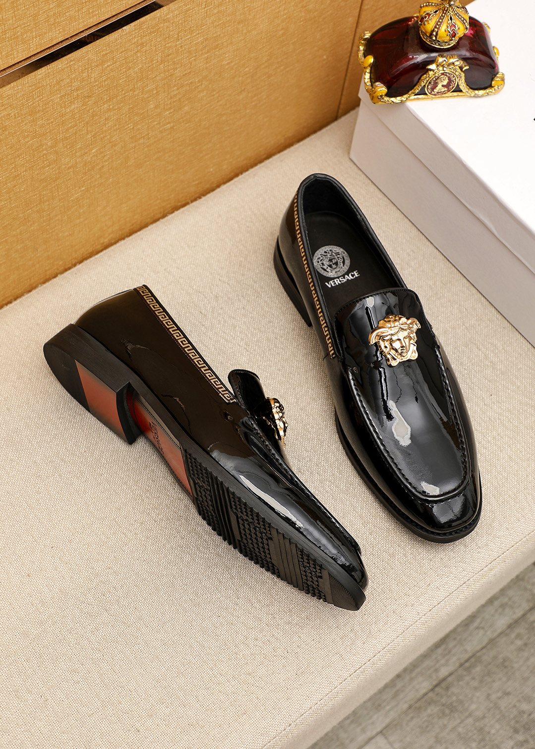 Versace Black Glossy Hardware Loafers — front