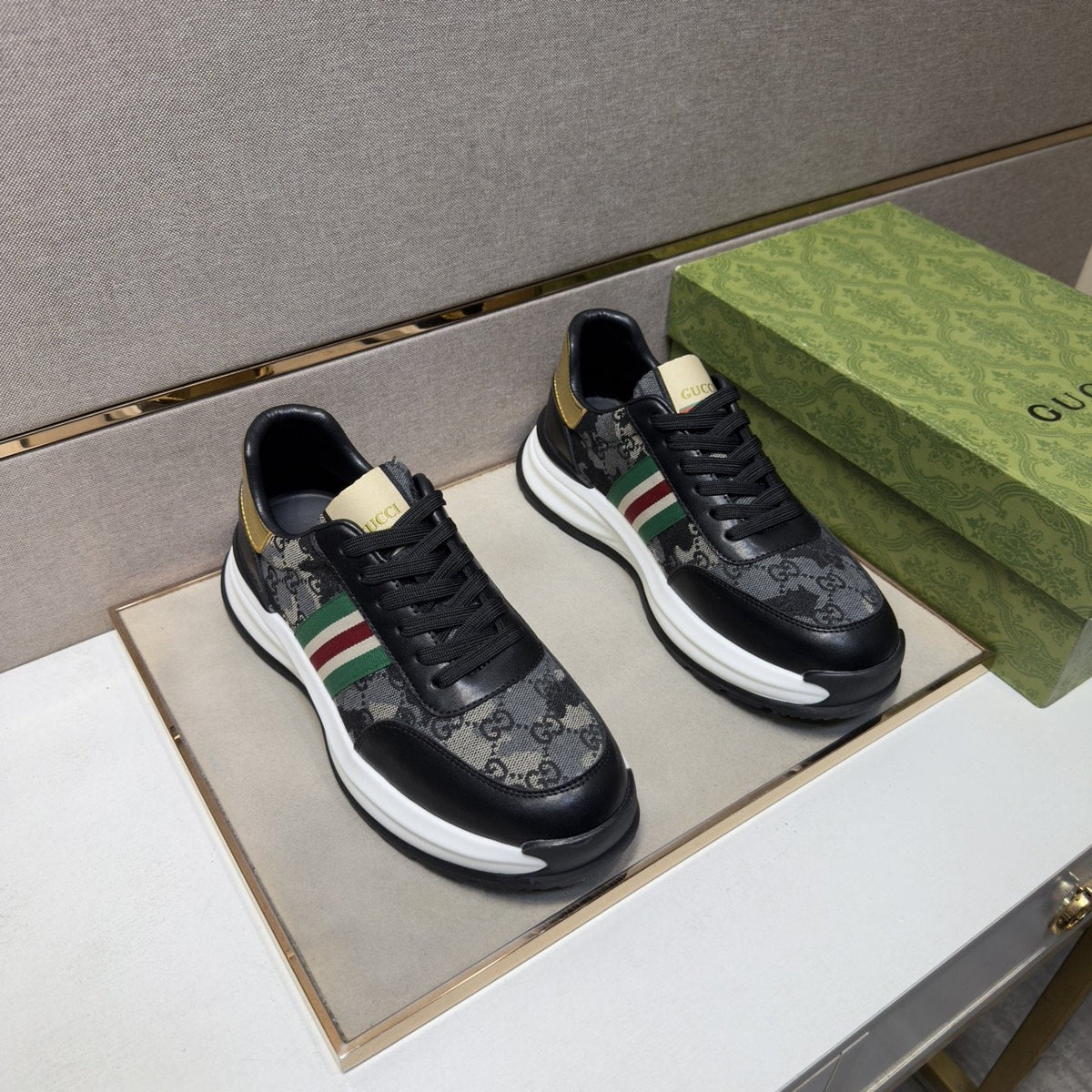Gucci Black and Gray Stripe Sneakers — front