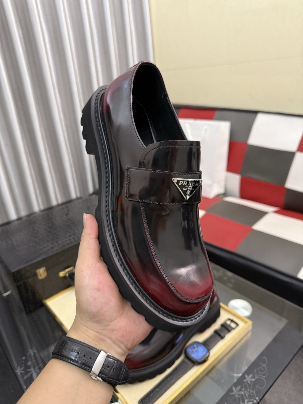 Prada Black Plaque Strap Loafers — front