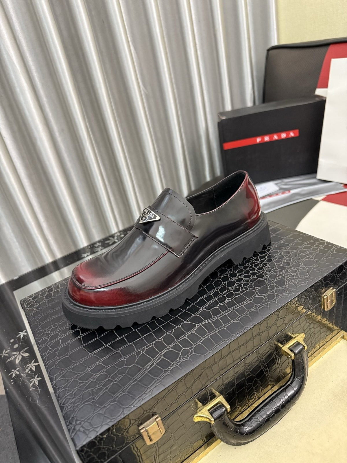 Prada Black Plaque Strap Loafers — front