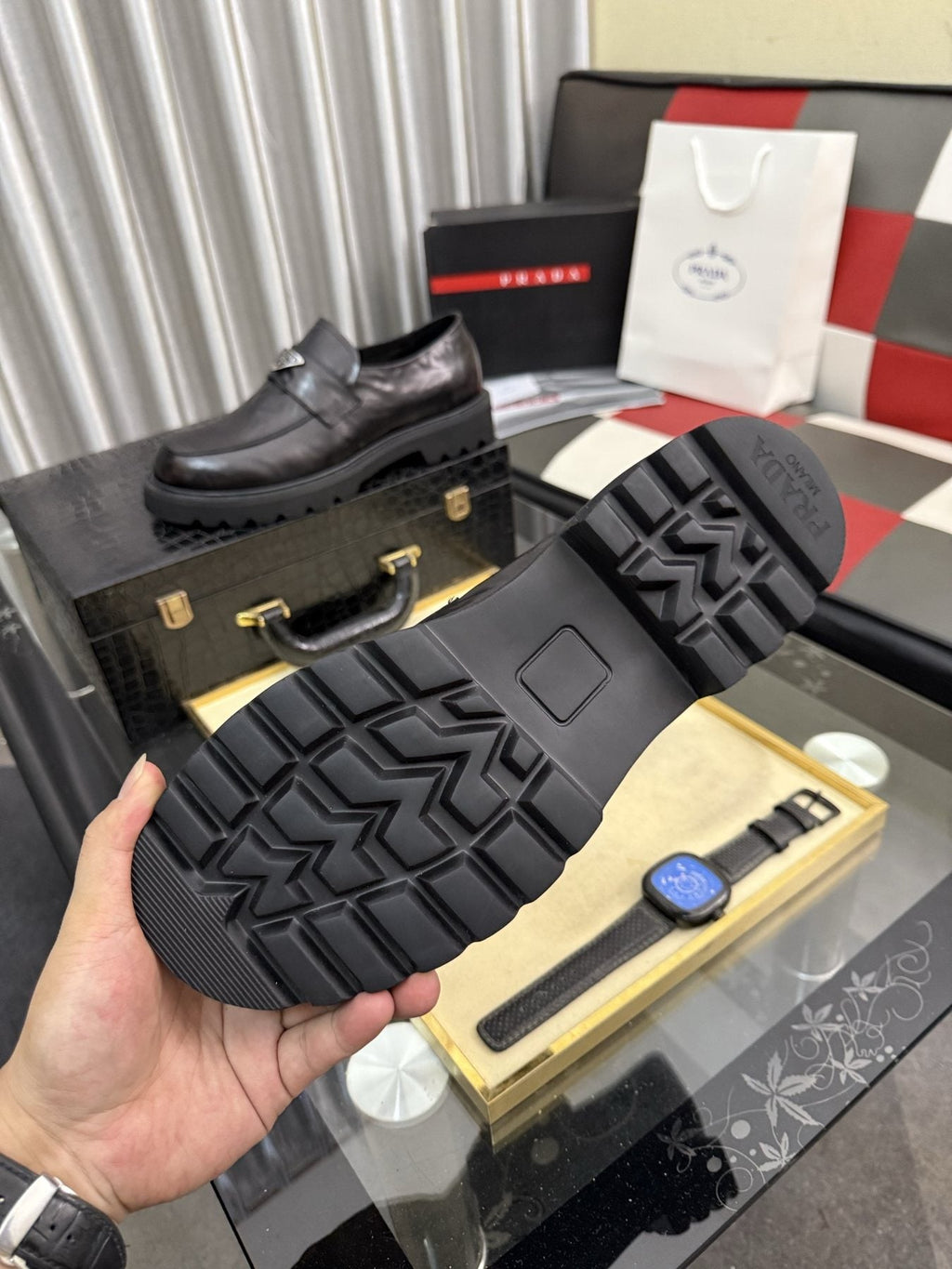 Prada Black Plaque Strap Loafers — side